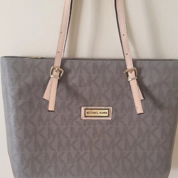 MICHAEL KORS BROWN CREAM TOTE LARGE LOGO BAG PURSE - Picture 1 of 14